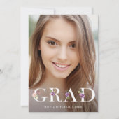 Invitation Joli Texte Floral Violet | Photo Grad Party (Devant)