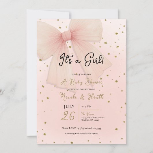 Invitation Joli Tulle Rose Bow & Gold Confetti Baby shower (Devant)