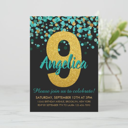 Invitation Joli Turquoise Gold Parties scintillant Noir Confe (Debout devant)