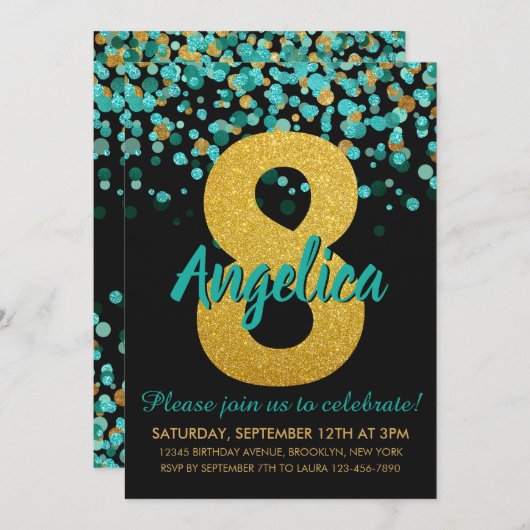 Invitation Joli Turquoise Gold Parties scintillant Noir Confe (Devant / Derrière)