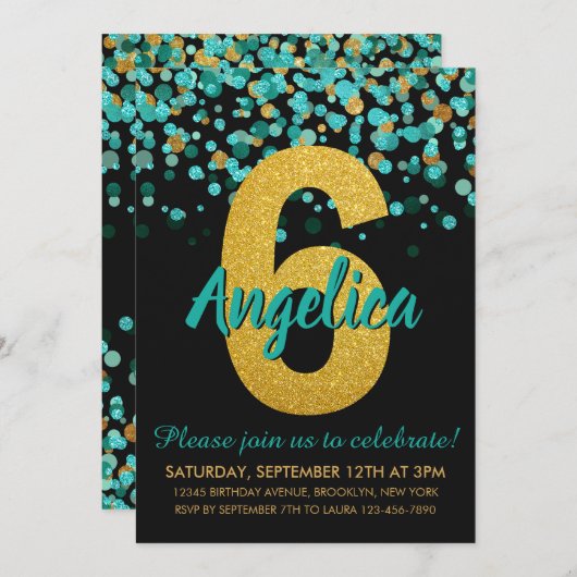 Invitation Joli Turquoise Gold Parties scintillant Noir Confe (Devant / Derrière)