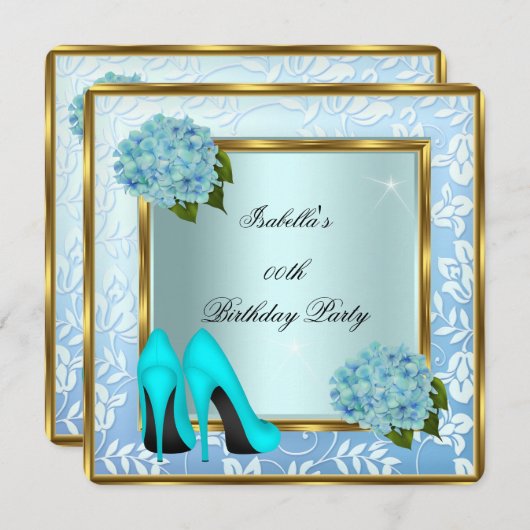 Invitation Joli Turquoise Hydrangeas Floral High Heels Annive (Devant / Derrière)