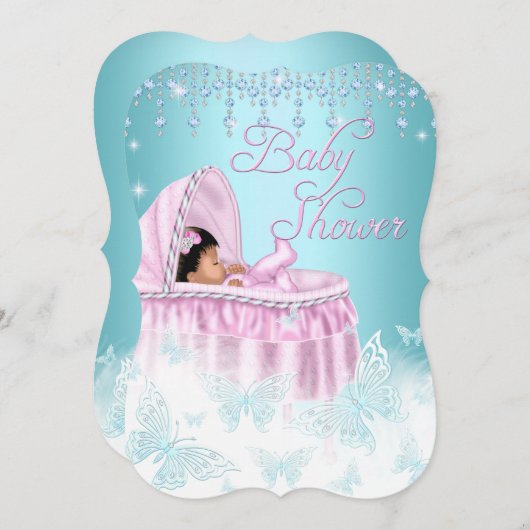 Invitation Joli Turquoise Pink Sparkle Papillon Baby shower E (Devant / Derrière)