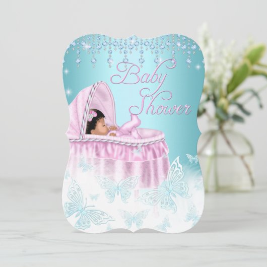 Invitation Joli Turquoise Pink Sparkle Papillon Baby shower E (Debout devant)