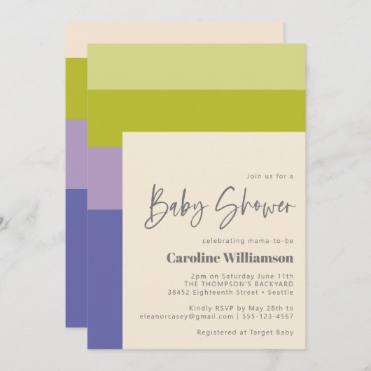 Invitation Joli violet et vert rayures Baby shower moderne (Devant / Derrière)