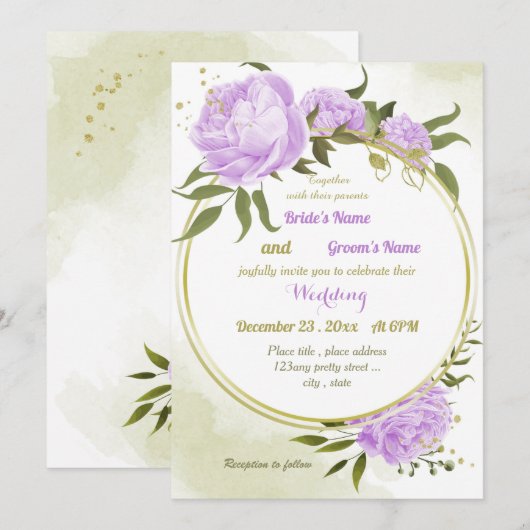 Invitation joli violet fleurs verdure mariage géométrique (Devant / Derrière)