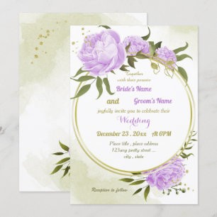 Invitation joli violet fleurs verdure mariage géométrique