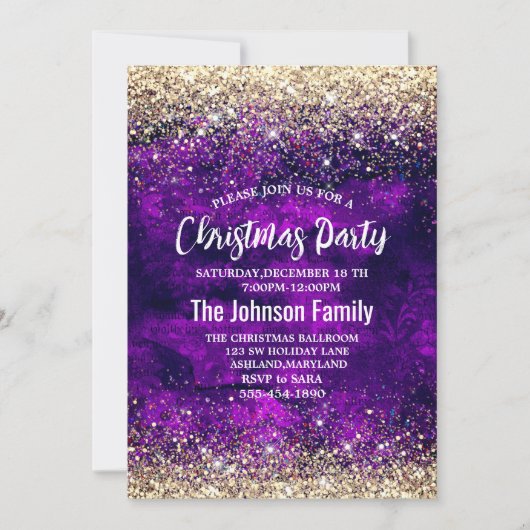 Invitation Joli violet foncé or faux parties scintillant Noël (Devant)