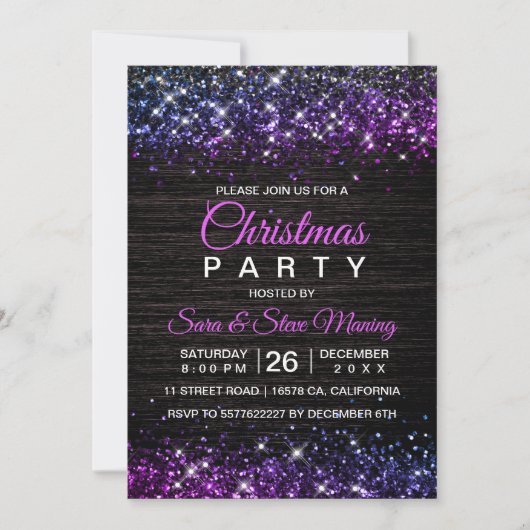 Invitation Joli violet noir faux parties scintillant Noël (Devant)
