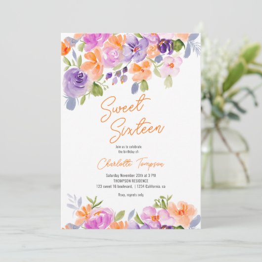 Invitation Joli violet orangé orangé script doux 16 (Debout devant)