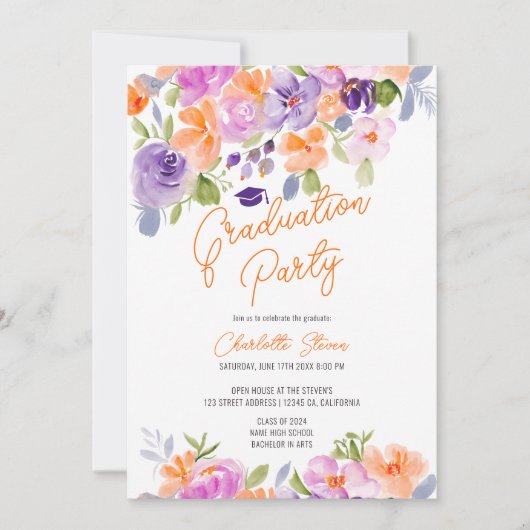 Invitation Joli violet orangé orangé script graduation (Devant)