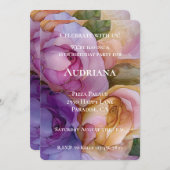 Invitation Joli violet rose or fleuri 16e anniversaire (Devant / Derrière)