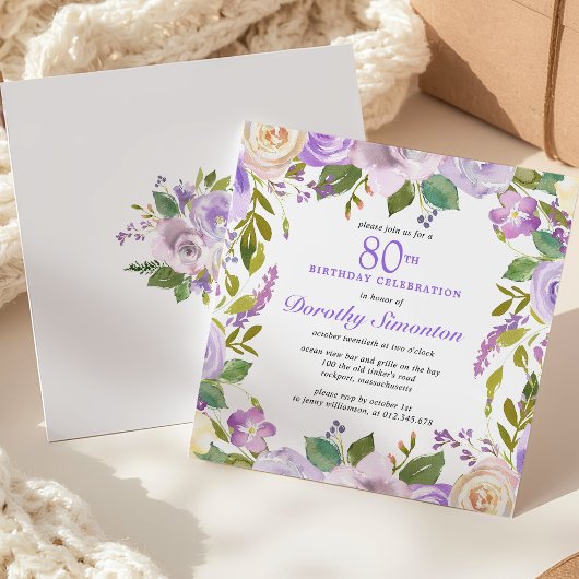 Invitation Joli violet Rustique Floral 80e anniversaire