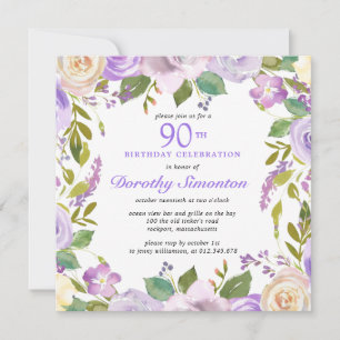 Invitation Joli violet Rustique Floral 90e anniversaire