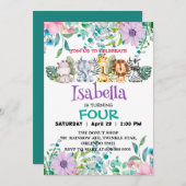 Invitation Joli zoo de fleurs jungle Animaux Anniversaire pou (Devant / Derrière)