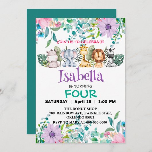 Invitation Joli zoo de fleurs jungle Animaux Anniversaire pou (Devant / Derrière)