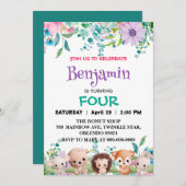 Invitation Joli zoo floral jungle Animaux Anniversaire filles (Devant / Derrière)