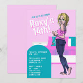 Invitation Jolie Ado de dessin rose fille 14e anniversaire (Devant / Derrière)
