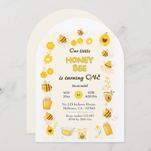 Invitation Jolie adorable Miel Bee thème 1er anniversaire (Devant / Derrière)