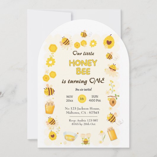 Invitation Jolie adorable Miel Bee thème 1er anniversaire (Devant)