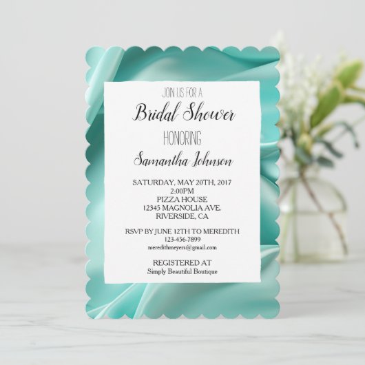 Invitation Jolie Aqua Mint Faux Satin Fête des mariées (Debout devant)
