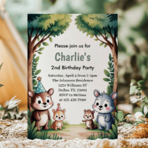 Invitation Jolie aquarelle Animaux de la forêt Anniversaire e