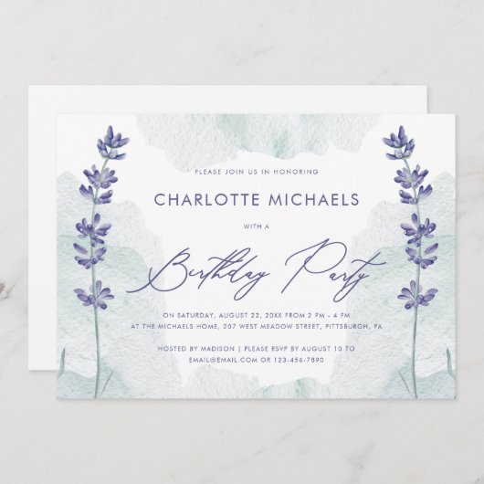 Invitation Jolie aquarelle avec Script fête d'anniversaire (Devant / Derrière)