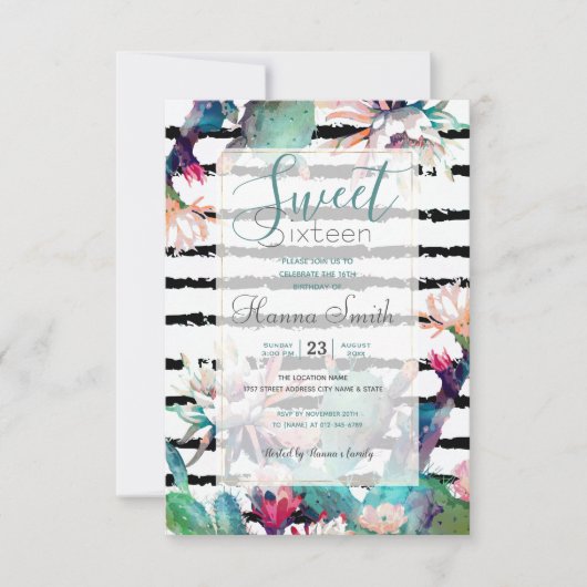Invitation Jolie aquarelle Cactus Floral Black Stripes (Devant)