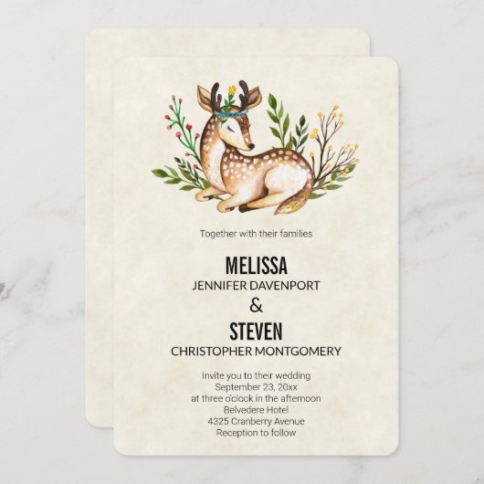 Invitation Jolie aquarelle cerf allongé Mariage (Devant / Derrière)