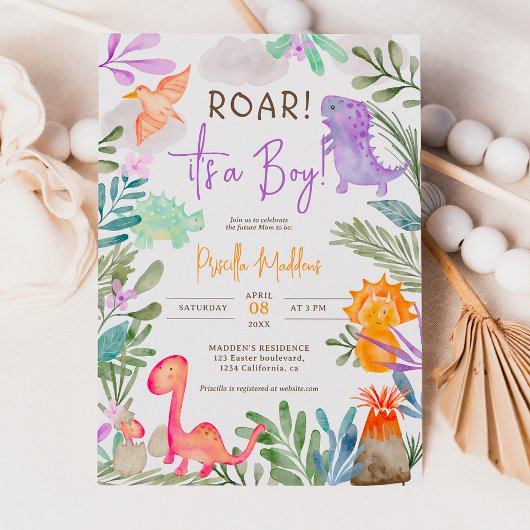 Invitation Jolie aquarelle dinosaures verdure garçon baby sho