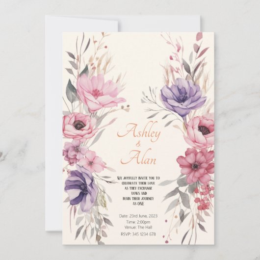 Invitation Jolie aquarelle Fleurs Mariage royal (Devant)