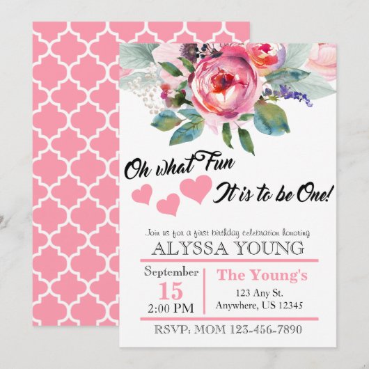 Invitation Jolie aquarelle Floral 1er anniversaire (Devant / Derrière)