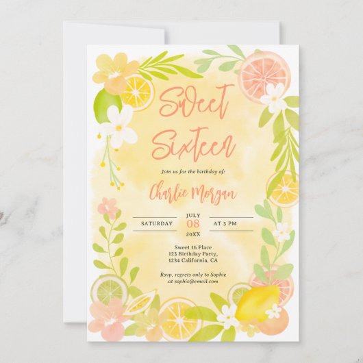 Invitation Jolie aquarelle florale d'agrumes d'été douce 16 (Devant)