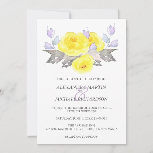 Invitation Jolie aquarelle gris jaune violet Rose Mariage (Devant)