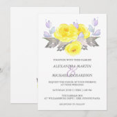 Invitation Jolie aquarelle gris jaune violet Rose Mariage (Devant / Derrière)