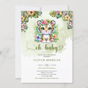 Invitation Jolie aquarelle jungle bébé tigre fleurs tropicale