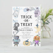 Invitation Jolie aquarelle Monstres Halloween fête d'annivers (Debout devant)