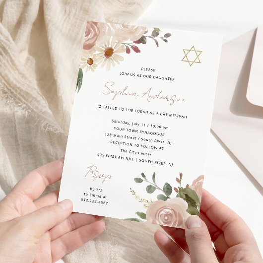 Invitation Jolie aquarelle neutre Floral | BAT MITZVAH