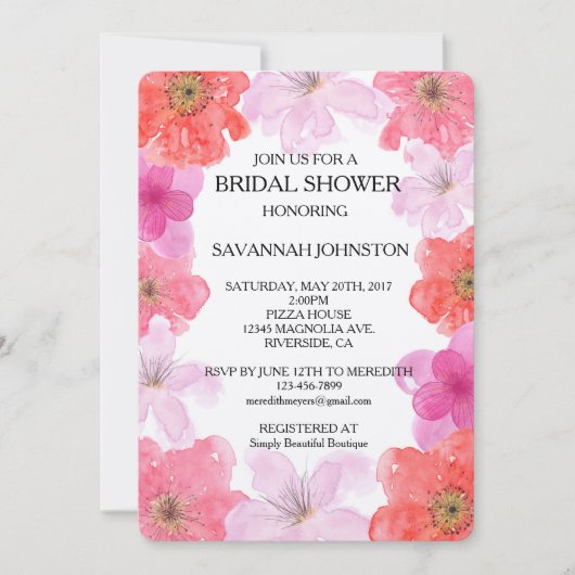 Invitation Jolie aquarelle rose Floral douche nuptiale (Devant)