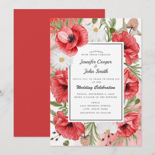 Invitation Jolie aquarelle Rouge Mariage floral (Devant / Derrière)