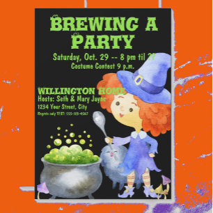 Invitation Jolie Aquarelle Sorcière violet vert Halloween Par
