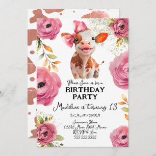 Invitation Jolie aquarelle Vache de veau Anniversaire Flores