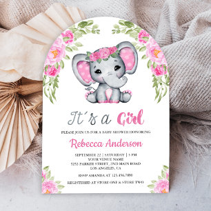 Invitation Jolie arche de bébé éléphant floral rose pour Baby