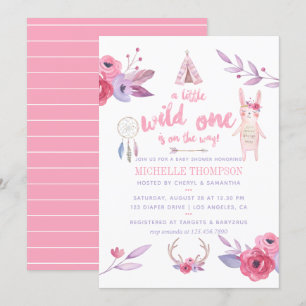 Invitation Jolie Baby Shower Bohème Tribale Fille Aquarelle
