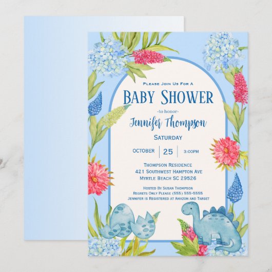 Invitation Jolie Baby Shower Dino Maman Œuf Floral (Devant / Derrière)