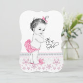 Invitation Jolie Baby Shower Fille Rose et Noir (Debout devant)