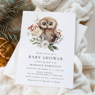 Invitation Jolie Baby Shower Hiver Chouette Aquarelle
