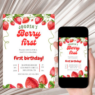 Invitation Jolie Baie Rouge Premier Anniversaire Aquarelle