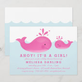 Invitation Jolie baleine rose et blanche Nautique bébé fille (Devant / Derrière)