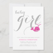 Invitation Jolie baleine rose typographie bébé fille douche (Devant)